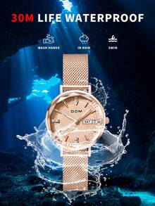 DOM 1 pieza Reloj de mujer de acero inoxidable con banda de oro rosa, elegante, de cuarzo, con calendario, indicador de semana, resistente al agua, adecuado como regalo para la novia - Oro rosa - Ver 6