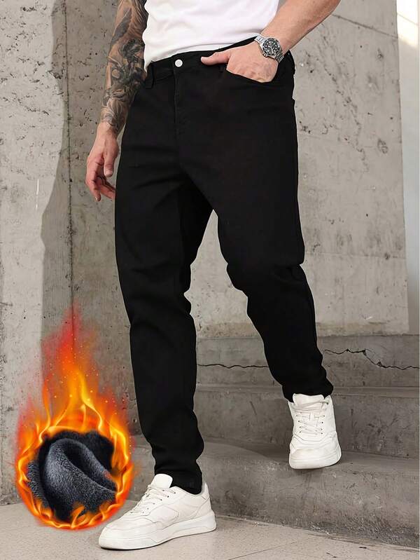 Men's Casual Thermal Lined Black Denim Jeans, Autumn/Winter