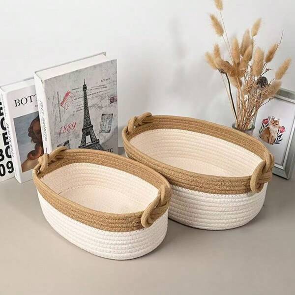 1 pièce Panier de rangement tressé fait main, boîte de rangement de bureau style japonais en corde de coton tressée, convient pour ranger les jouets, les collations et les petits articles