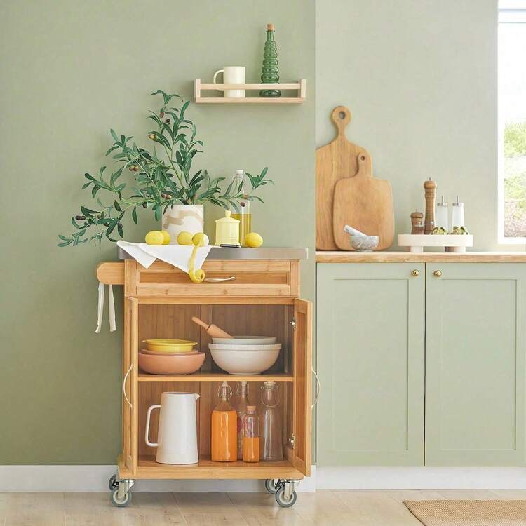 SoBuy Kitchen Cabinet Kitchen Storage Trolley Cart With Bamboo Worktop, 1 Large Cupboard And 1 Drawer, FKW13-WN - Brown - View 6