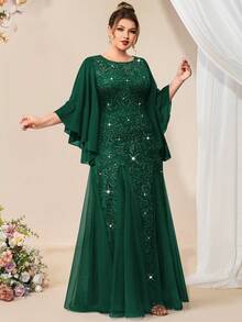 Đầm dạ hội tay cánh bướm thanh lịch bằng chiffon đính hoa, ren sequin và lưới phối ren, vạt đuôi cá, trang nhã, thích hợp cho các buổi dạ tiệc trang trọng, đám cưới, lễ hội, sinh nhật, tiệc tốt nghiệp, tiệc chiêu đãi, các dịp lễ hội mùa xuân. - Màu xanh lá cây đậm - Xem 8