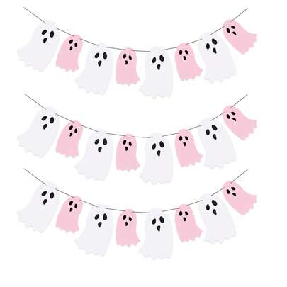 1 Paquete de Guirnalda de Fantasmas de Halloween en Rosa y Blanco, Pancarta de Fiesta de Halloween con Fantasmas para Decoración Interior de Casa Embrujada, Chimenea y Hogar