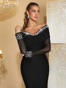 新款手工串珠水钻装饰性感露肩长袖紧身连衣裙，优雅适合婚礼宾客、节日派对、女士正式晚礼服 - 黑色 - 查看 7