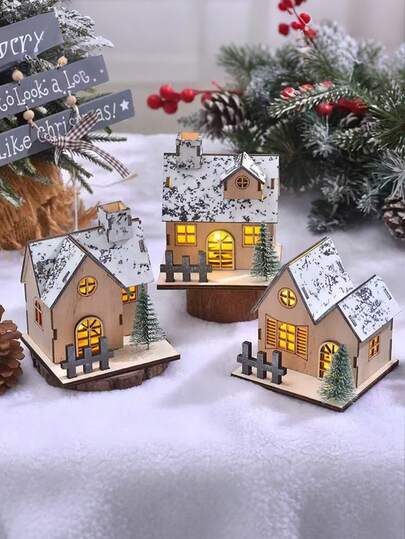 2pcs Christmas Wooden House Ornaments With Lights, Mini Luminous Christmas Village House, Home Tabletop Decor For Xmas Party Decoration,Charming Tabletop Centerpieces For Festive Cheercan Be Used As A Home Decoration Item, Tabletop Decoration Item, Christmas Decoration Item, Or As A Birthday Gift.