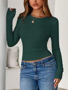 Women Spring And Fall Long Sleeve Shirts Ribbed Crewneck Fitted Basic Tee Going Out Tops Casual Workout Vacation Outfits - 深綠色 - 查看 3