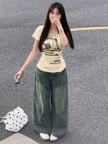 女士夏季韩版短袖纯色字母印花修身休闲T恤 - 杏色 - 查看 4