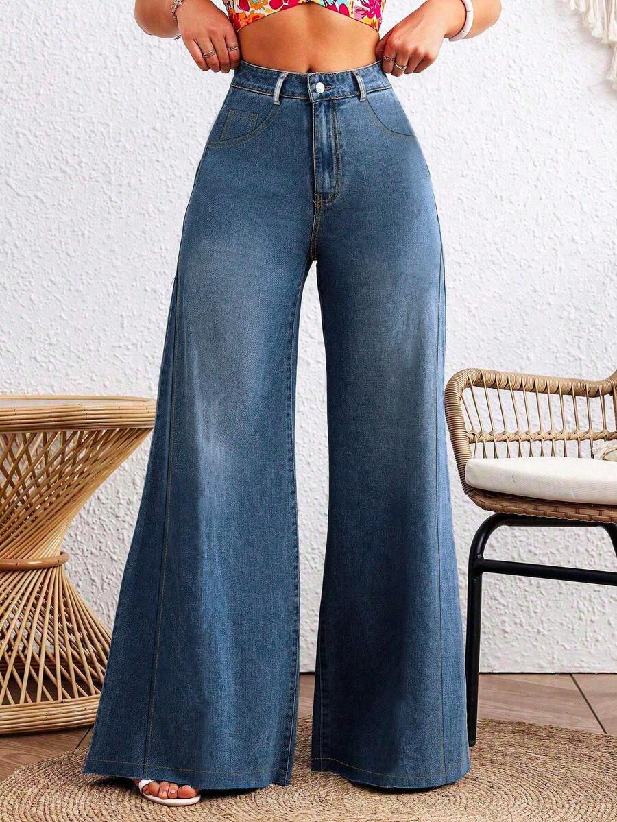 Jeans para Mujer - Pantalones De Mezclilla Sueltos, Moda Casual con Cintura Alta y Pierna Ancha - Azul - Ver 1