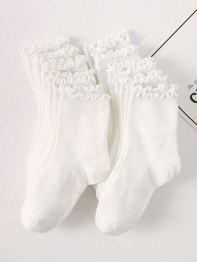 5 Pairs Kids White Vertical Stripe Lace Edge Socks, Simple Fashion Versatile, Skin-Friendly Soft Breathable Casual Mid-Calf Socks, Suitable For Back To School, Daily Wear, Holiday Gifts, Travel, Back To School Season