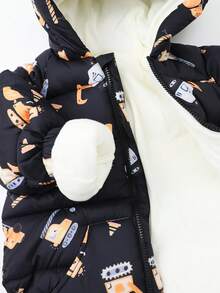 Young Boy Winter Cartoon Excavator Pattern Padded Coat With Warm Zipper And Padded Jacket - Black - View 6