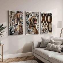 一套 3 张时尚墙面艺术印刷品，时尚豹纹咆哮海报，猎豹印花家居装饰，适合卧室、客厅走廊，理想的礼物，墙面艺术，墙面装饰，冬季装饰，房间装饰，无框 - 彩色 - 查看 3