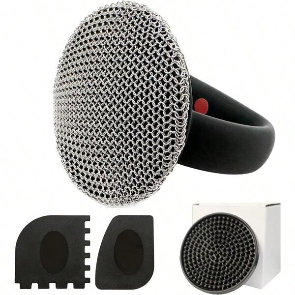 Cast Iron Scrubber And Skillet Cleaner With 2 Pan Grill Scrapers Chain Mail For Cleaning Cast Iron Black With Mat