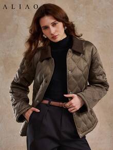 Aliao 优雅菱形图案绗缝外套，带口袋，适合冬季、秋季穿着，新年适用，商务休闲风格 - 棕色 - 查看 4