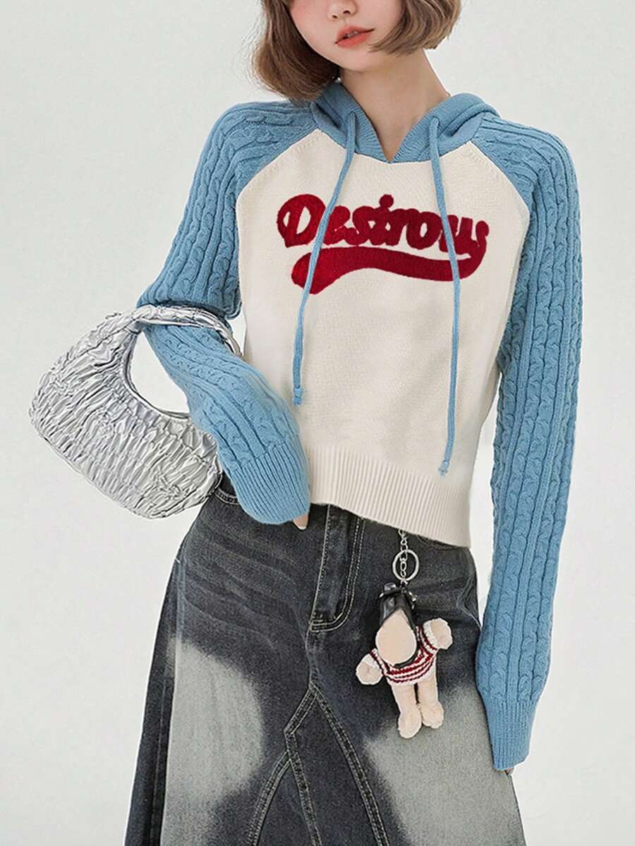女款美式校园风字母图案连帽套头衫，秋冬款 - 藍白色 - 查看 1