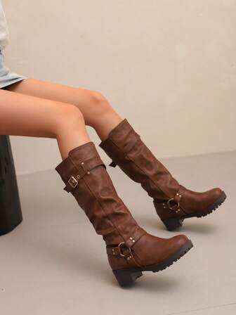 秋冬女士圆头牛仔靴，高筒西部靴，复古扣带高筒靴，粗跟舒适户外厚底时尚靴