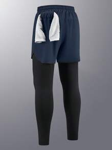 男士二合一运动裤，带衬里，弹力速干跑步、健身、篮球长裤