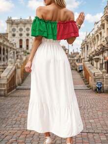 Vestido Largo Tradicional Mexicano Tricolor Campesino de Corte Holgado con Hombros Descubiertos para Mujer - variante 2 - Ver 2