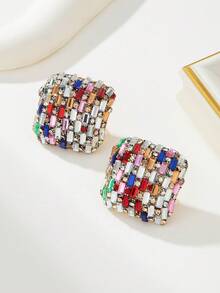 1 Pair Vintage Colorful Glass Stud Earrings With Inlaid Multicolor Rhinestone Square Earrings, Luxury Niche Jewelry Suitable For Women, Party, Date, Sexy Accessories - Colored Earrings - View 3