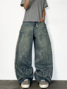 1 件正义兄弟复古刺绣星星男士宽松阔腿休闲牛仔裤，宽松长裤 - 藍色 - 查看 2