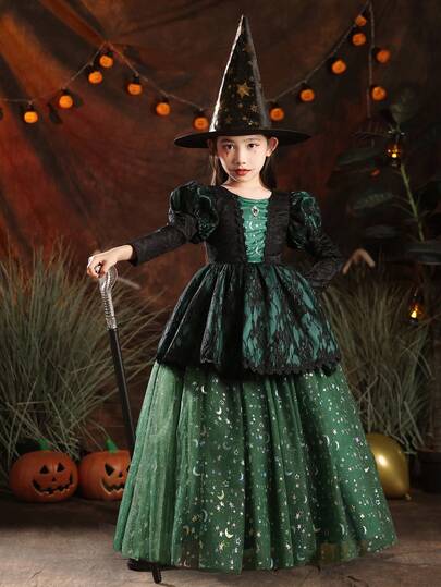 Girls' High-End Halloween Black & Dark Green Long Sleeve Tulle Dress