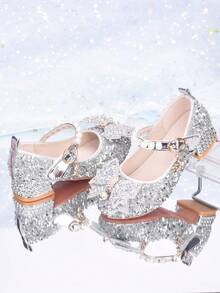 Zapatos de princesa para niñas, bailarinas de moda versátiles para niños, zapatos de pasarela de color plateado para actuaciones, zapatos de tacón alto con decoración de lazo para niñas pequeñas, zapatos brillantes con cristales