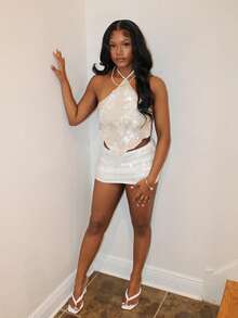 女士性感亮片露背吊带上衣海滩热带度假狂欢节服装波西米亚风修身轻盈夏季保暖女装 - 白色 - 查看 6