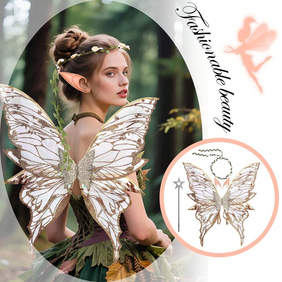 JEWELRYWE Large Fairy Wings Glitter Transparent Fairy Costume, Butterfly Wings Angel Elf Dress Accessories, Holiday Party Cosplay Dress Up, Fairy Magic Wand Garland Elf Ears - màu xanh lá - Xem 1