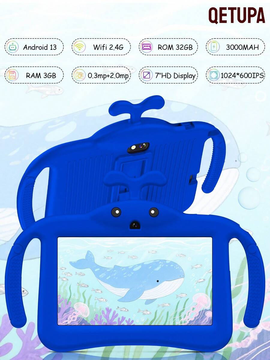 Qetupa 7英寸儿童平板电脑，安卓13操作系统，3GB+32GB存储空间，A133四核处理器，3000mAh电池，家长控制功能，配备防震保护套，支持2.4G WiFi，0.3MP+2.0MP双摄像头 - 藍色 - 查看 1