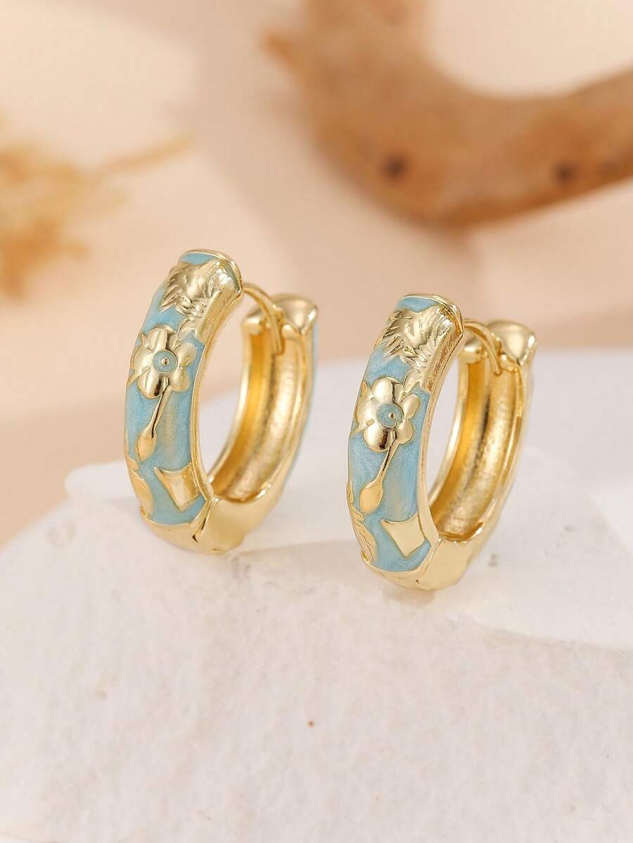 1 Pair Fashion New Style Gold Plated Copper Material Flower Pattern Enamel Cloisonne Hoop Earrings Jewelry For Women Girls