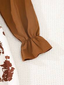 女童碎花连衣裙，搭配棕色衬衫式上衣、蝴蝶结腰带、长袖荷叶边下摆，优雅休闲装扮 - 棕色 - 查看 5