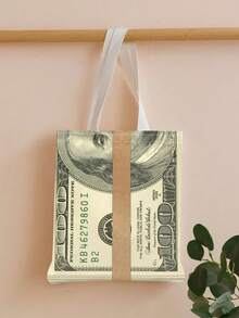 1 pieza, Bolso de tela vintage con impresión de billetes de $100 a doble cara, bolso de lona con tema de dólar de moda, bolso de playa, estilo bohemio y académico, adecuado para el hogar, compras, viajes, escuela, regalos, 16in*14in