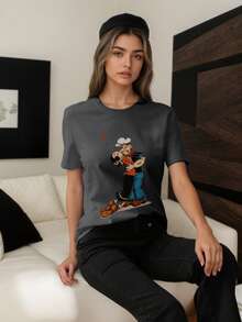 Women's Popeye Cartoon Print Round Neck Short Sleeve Casual T-Shirt, Fashionable And Versatile For Daily Wear, Spring/Summer - Dark Grey - View 1