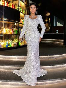 Elisanya CHOSMO 新款秋季亮片长袖橙色舞会礼服华丽优雅修身高腰优雅晚礼服长款女士礼服长礼服，女士白色礼服，银色礼服 - 白色 - 查看 4