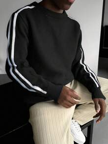 1pc Men's Black Round Neck Sweater, Vintage Retro Casual Commute Streetwear Versatile Outdoor Simple Loose Fit Knit Pullover, Autumn/Winter