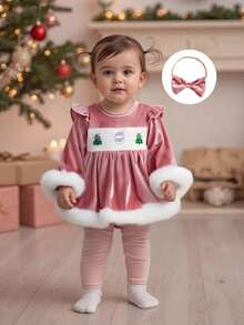 Baby Girls 2Pcs Christmas Outfits Long Sleeve Velvet Romper Dress with Headband Set Newborn Clothes - Rosa - Ver 4