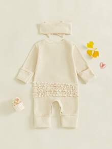Mono de punto de gofre con manga larga y volantes para bebé niña recién nacida, ropa de otoño e invierno para salir y volver a casa - Caqui - Ver 2
