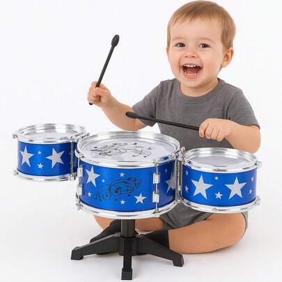 Super Bateria Musical Infantil 3 Tambores 1 Prato Baquetas 23 cm
