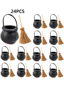 24pcs/Set Mini Plastic Cauldrons With Mini Witch Brooms, Black Witch Cauldrons With Handles, Children's Halloween Candy, St. Patrick's Day Coins Holder And Party Favors (12 Cauldrons + 12 Brooms) - Multicolor - View 2