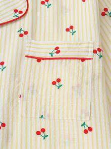 2pcs Women Comfortable Yellow & White Striped Cherry Print Pajama Set, Long Sleeve Button Collar Top And Pants, Casual Sleepwear For Home Use, Autumn/Winter, Fall Clothes