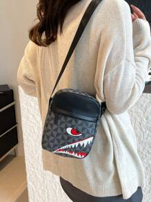 男士休闲格子单肩斜挎包，时尚小方形斜挎包，独特鲨鱼嘴设计 - 黑色 - 查看 4