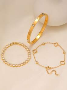 Juego de pulseras de mujer de acero inoxidable con trébol y circonita incrustada, adecuado para uso diario, superposición, citas de pareja, combinación para múltiples ocasiones y como regalo - Amarillo Oro - Ver 2