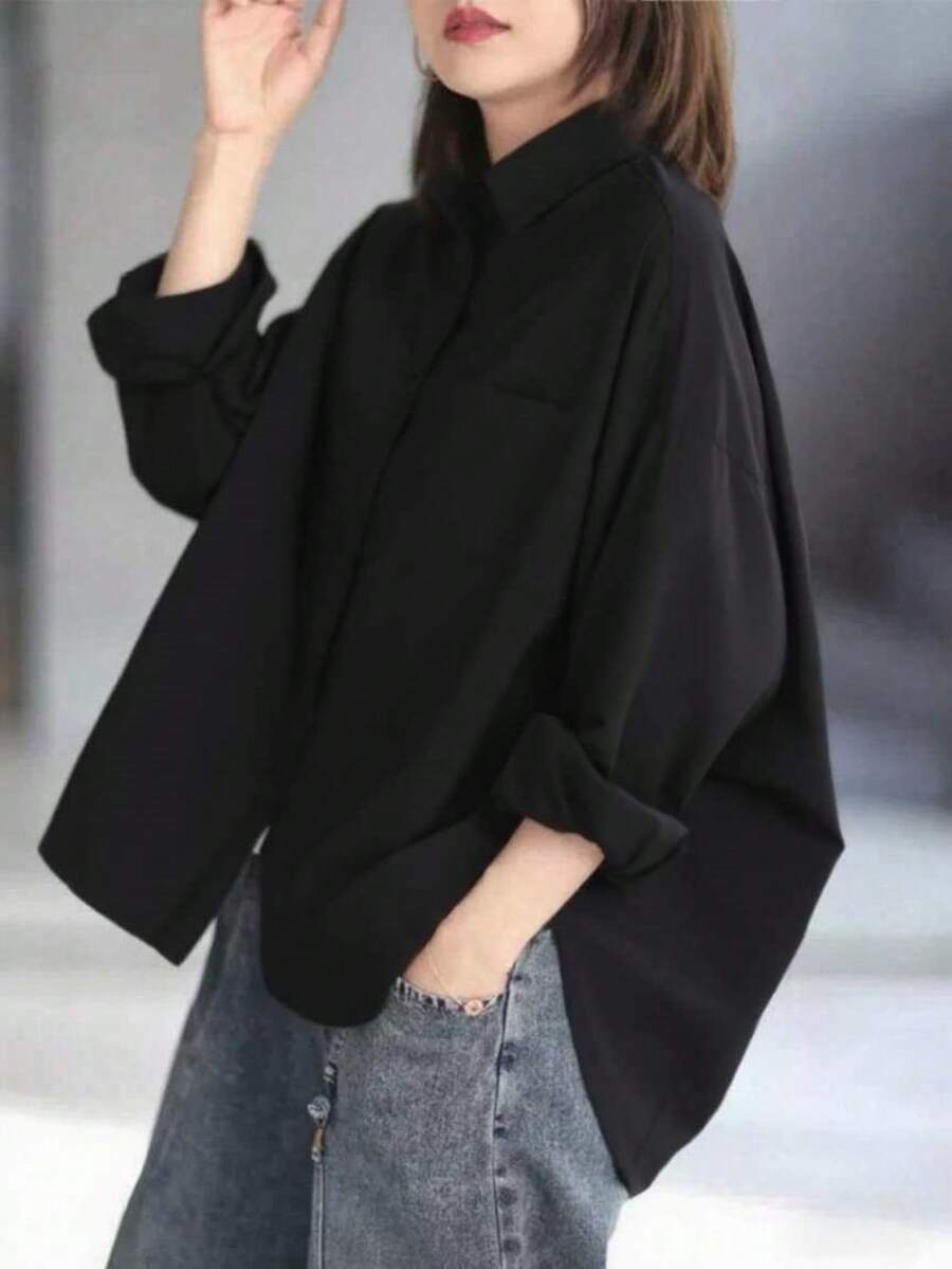 女士休闲纯色简约长袖衬衫 - 黑色 - 查看 1