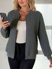 1 件女士优雅休闲纯色针织面料拉链口袋长袖纹理夹克，适合度假、日常穿着、旅行、茶会、秋冬 - 深灰色 - 查看 1