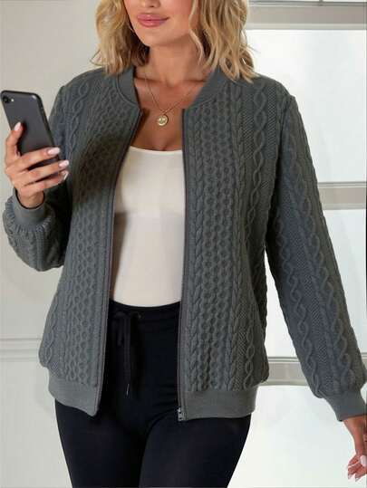 1pc Women's Elegant Casual Solid Color Knit Fabric Zip Pocket Long Sleeve Textured Jacket, Suitable For Holiday, Daily Wear, Travel, Tea Party, Autumn/Winter