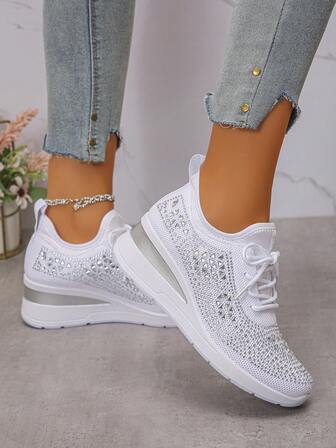 Fall/Winter Women's New Sports Style Lace-Up Rhinestone Outdoor Wedge Thick Bottom Casual Sneakers, Breathable Comfortable Running Shoes, Outdoor Travel Shoes, Suitable For All Seasons