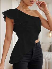 Blusa Asimetrica de Hombros Descubiertos con Detalle de Holan de Un Lado para Mujer - Negro - Ver 2