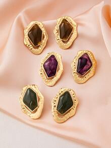 1 Pair Oversized Asymmetrical Geometric Shape Classic Textured Stud Earrings, Versatile For Daily Wear - Coffee - View 2