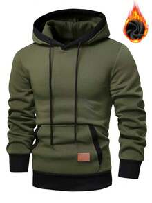 男士时尚休闲撞色抓绒连帽衫和运动裤套装，冬季 - 軍綠色 - 查看 3