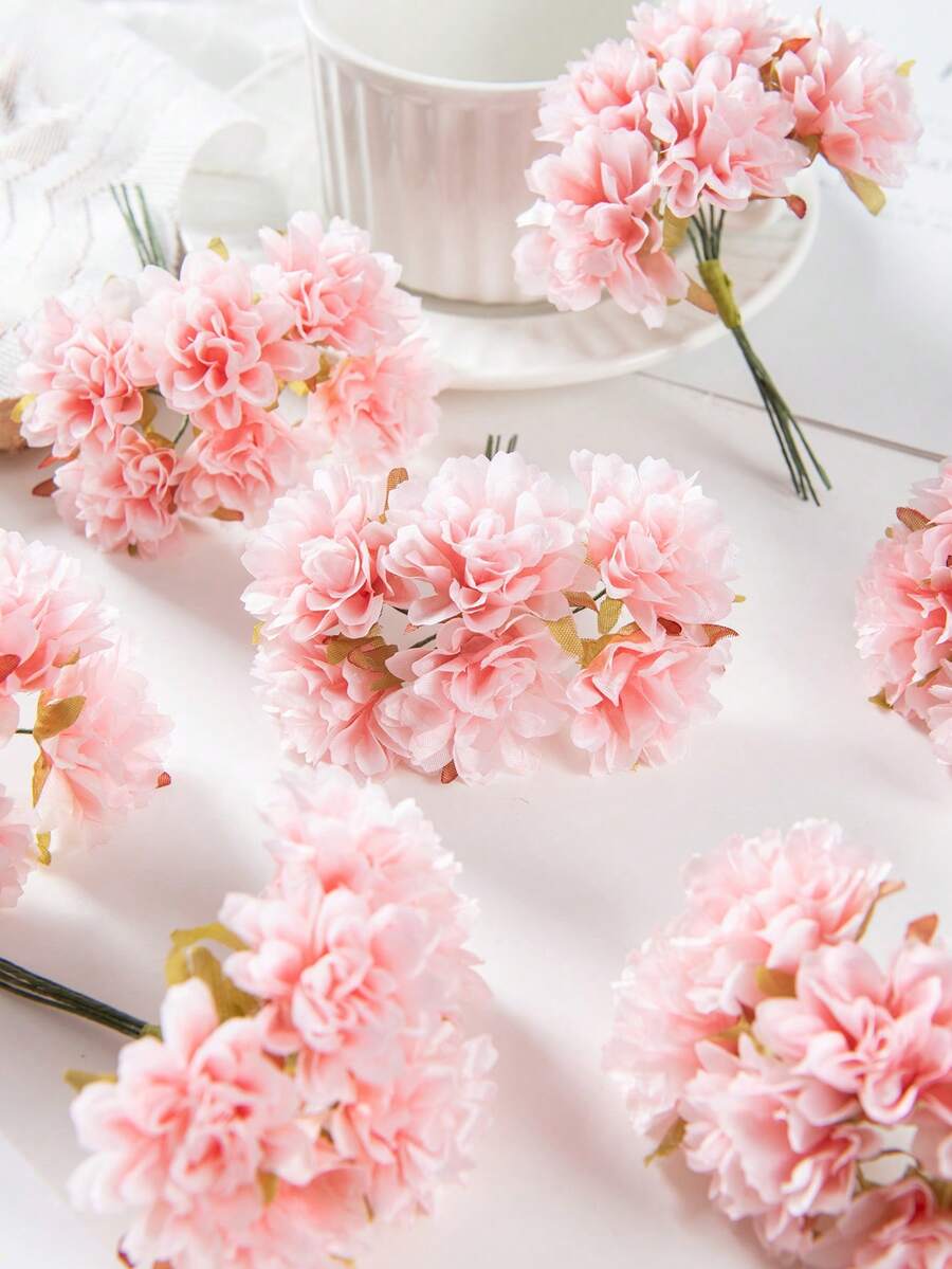 1/3/5PCS (6 Heads) MINI Artificial Carnation Flowers Silk Hydrangea Headwear Fake Plants For Autumn Wedding Candy Box Decoration Vase For Home Dining Room Bedroom Decorations, Festival Birthday Party Accessories, Outdoor Garden Decorations, Autumn Home Decoration