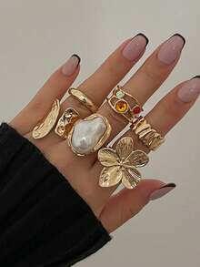 6 chiếc nhẫn kim loại cổ điển trang trí hoa và đá quý theo phong cách Baroque, có ngọc trai giả, nhẫn đốt ngón tay bằng vàng Punk Rock, thích hợp để đeo hàng ngày, tiệc tùng, làm quà tặng, phụ kiện thời trang đa năng, ngày lễ tình nhân, ngày của mẹ - Vàng - Xem 2