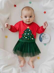 Conjunto de 2 piezas de sudadera de manga larga y falda de malla con estampado de árbol de Navidad para niña pequeña - Rojo - Ver 3